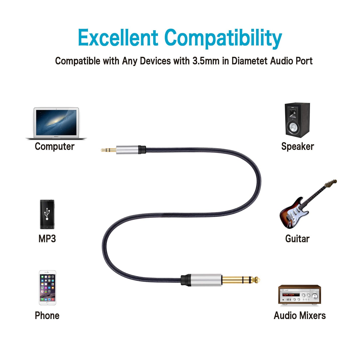 3.5 mm to 6.35 mm Audio Cable 10Ft, Gold-Plated Terminal Silver Color Zinc Alloy Housing 3.5mm 1/8" Male TRS to 6.35mm 1/4" Male TRS Nylon Braided Stereo Audio Cable for CellPhone, Amplifiers(10Ft/3M)