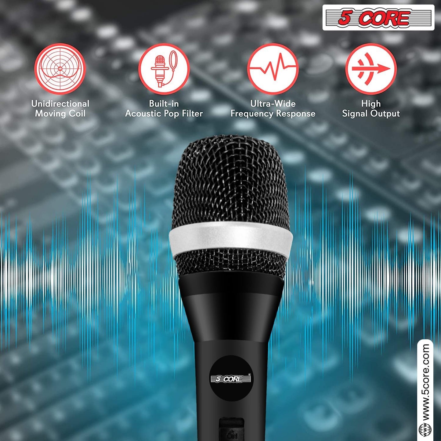 5 CORE Karaoke Microphone Dynamic Vocal Handheld Mic Cardioid Unidirectional Microfono w On and Off Switch Includes XLR Audio Cable Bag Mic Holder 5C-Power