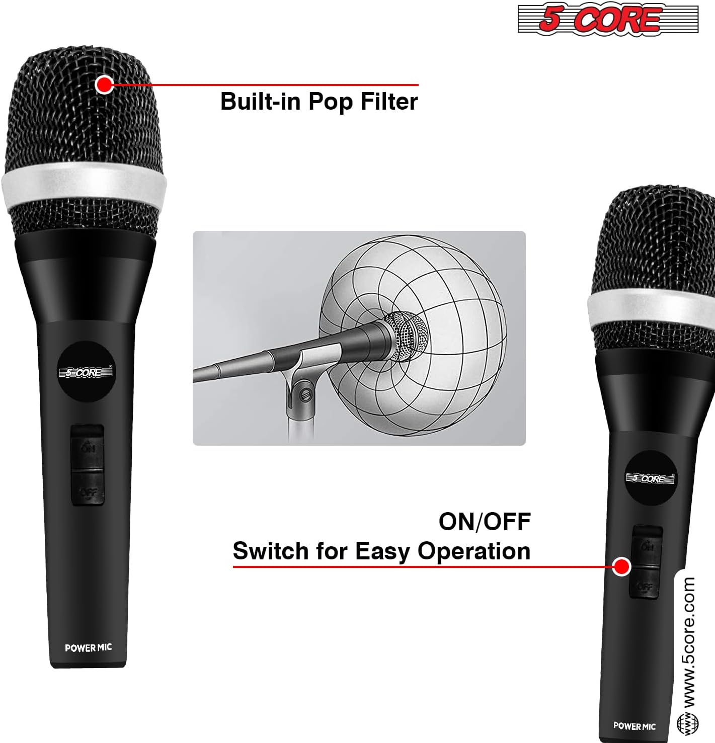 5 CORE Karaoke Microphone Dynamic Vocal Handheld Mic Cardioid Unidirectional Microfono w On and Off Switch Includes XLR Audio Cable Bag Mic Holder 5C-Power