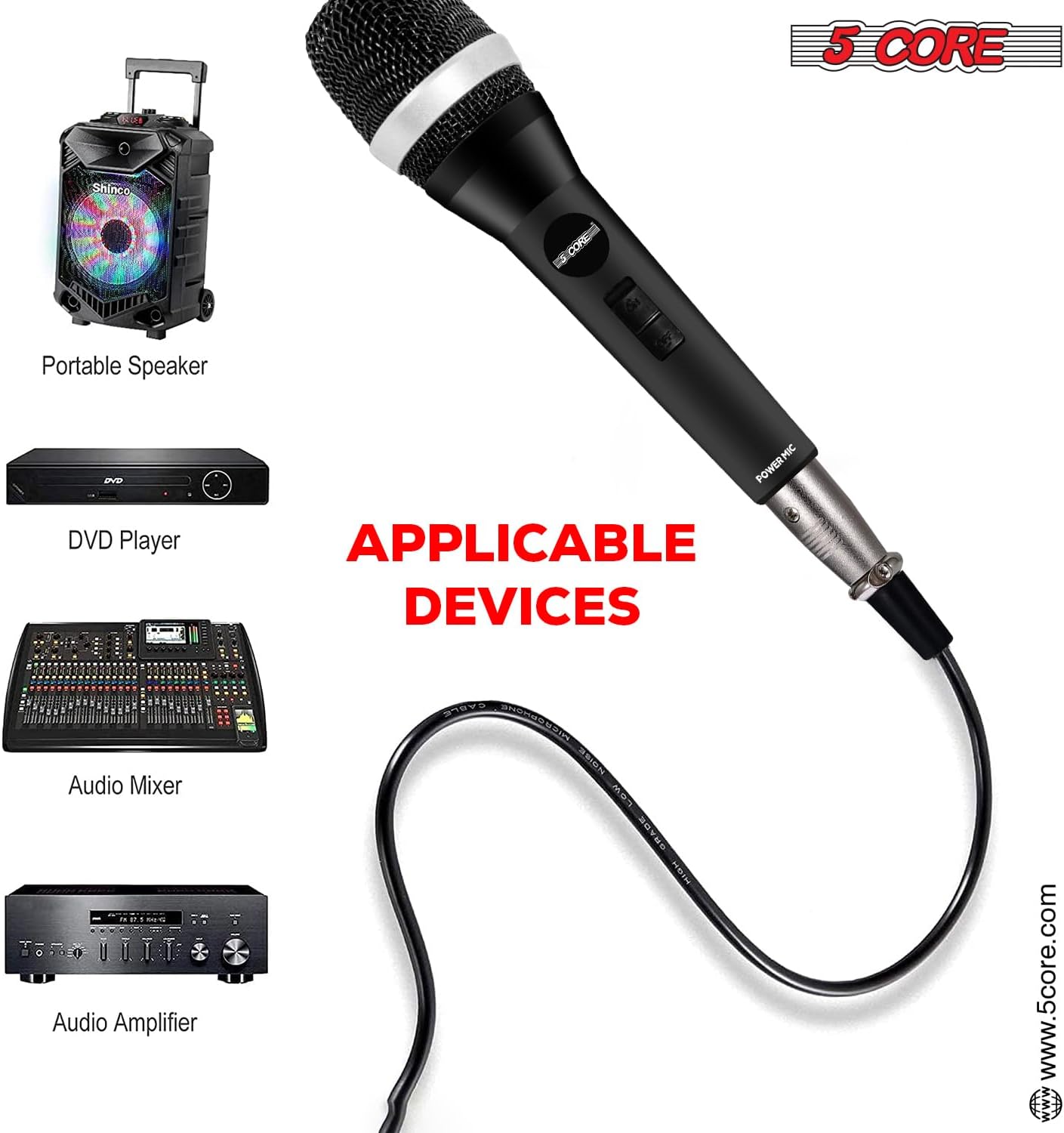 5 CORE Karaoke Microphone Dynamic Vocal Handheld Mic Cardioid Unidirectional Microfono w On and Off Switch Includes XLR Audio Cable Bag Mic Holder 5C-Power