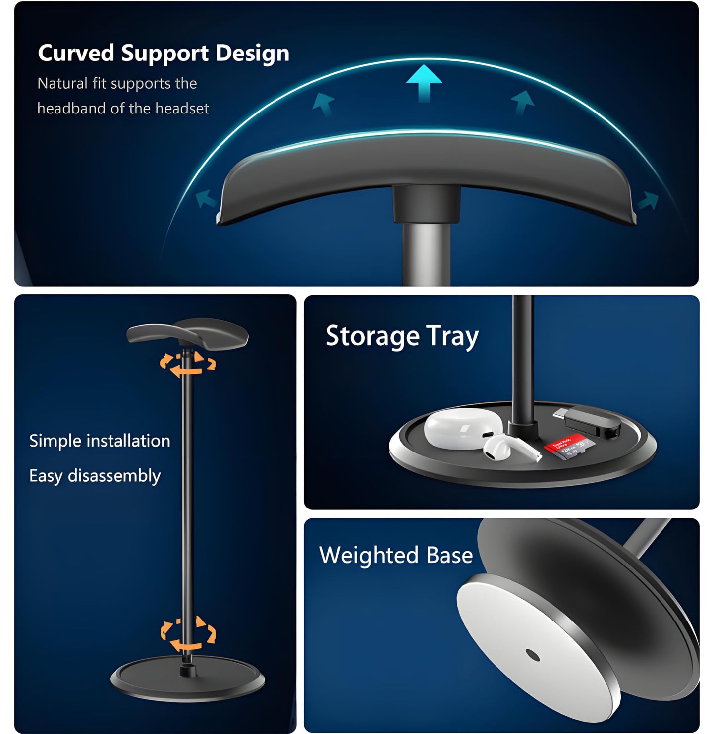 Premium Aluminium Alloy Headset Holder with Storage Tray - Heavy Base, 9.7" Tall, Compatible with AirPod Max & Gaming Headphones (Silver)