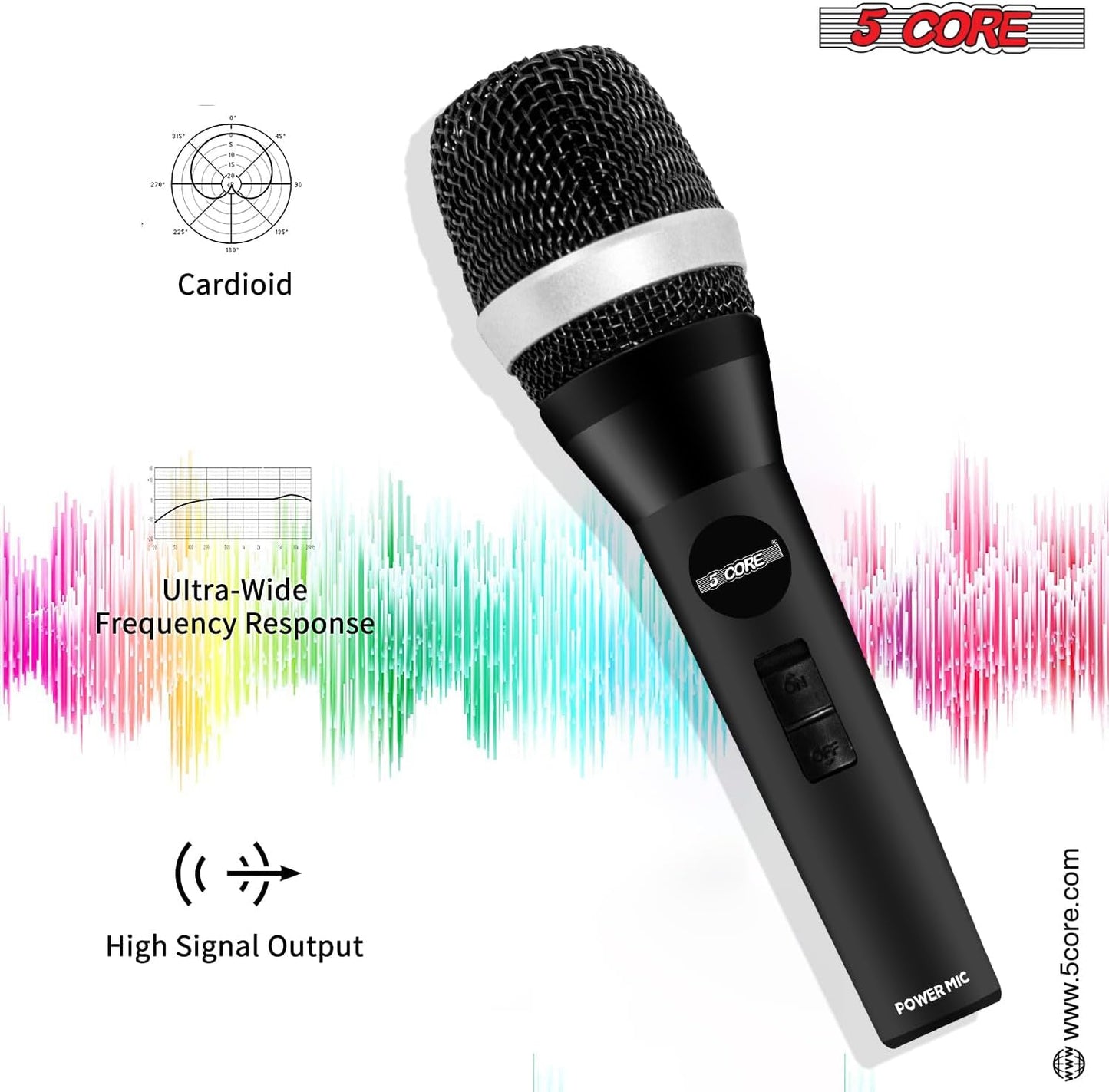 5 CORE Karaoke Microphone Dynamic Vocal Handheld Mic Cardioid Unidirectional Microfono w On and Off Switch Includes XLR Audio Cable Bag Mic Holder 5C-Power
