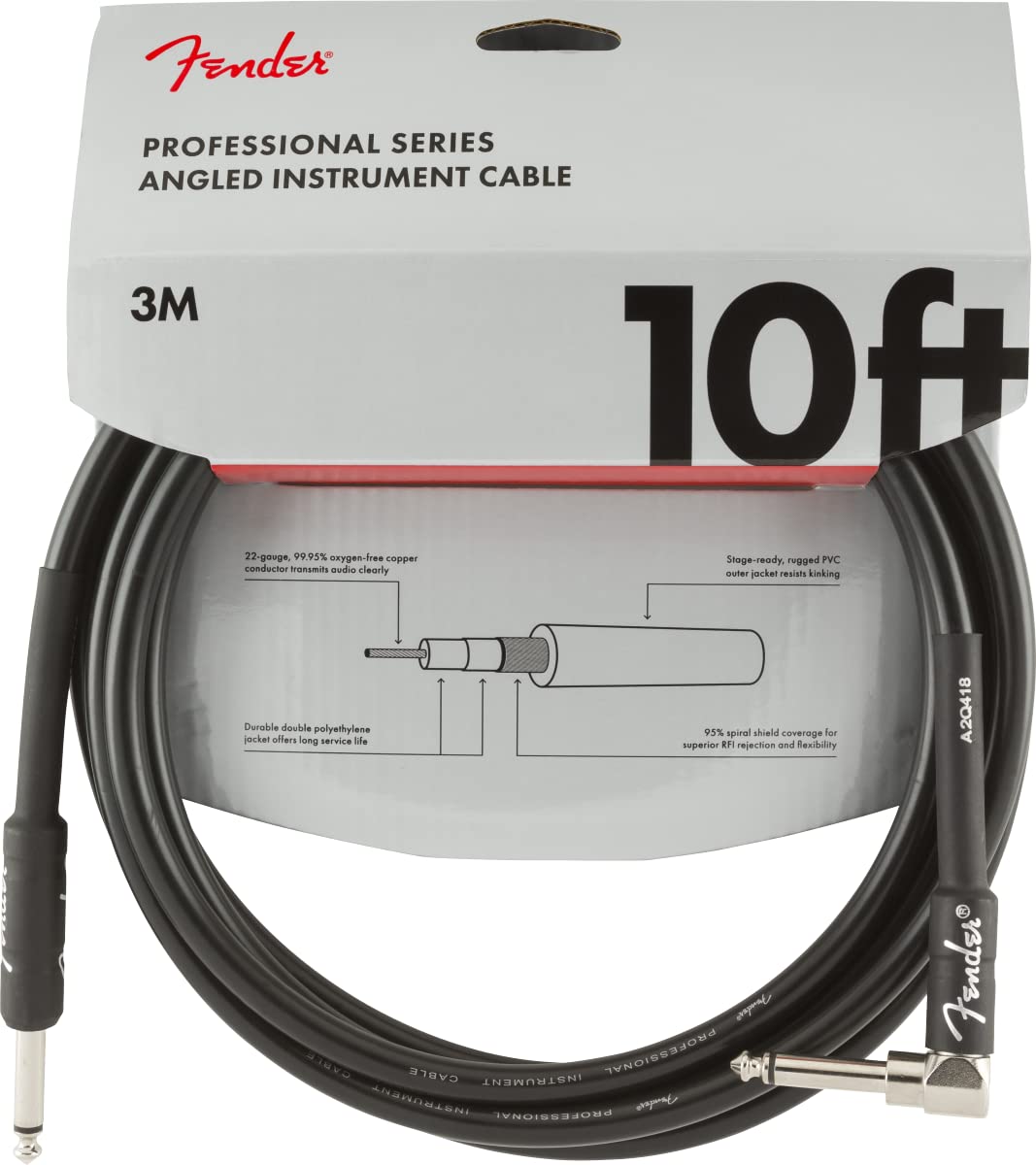 Fender Professional Series Instrument Cable, Guitar Cable 10 ft, Stage Ready with Anti-Kinking Design, Black