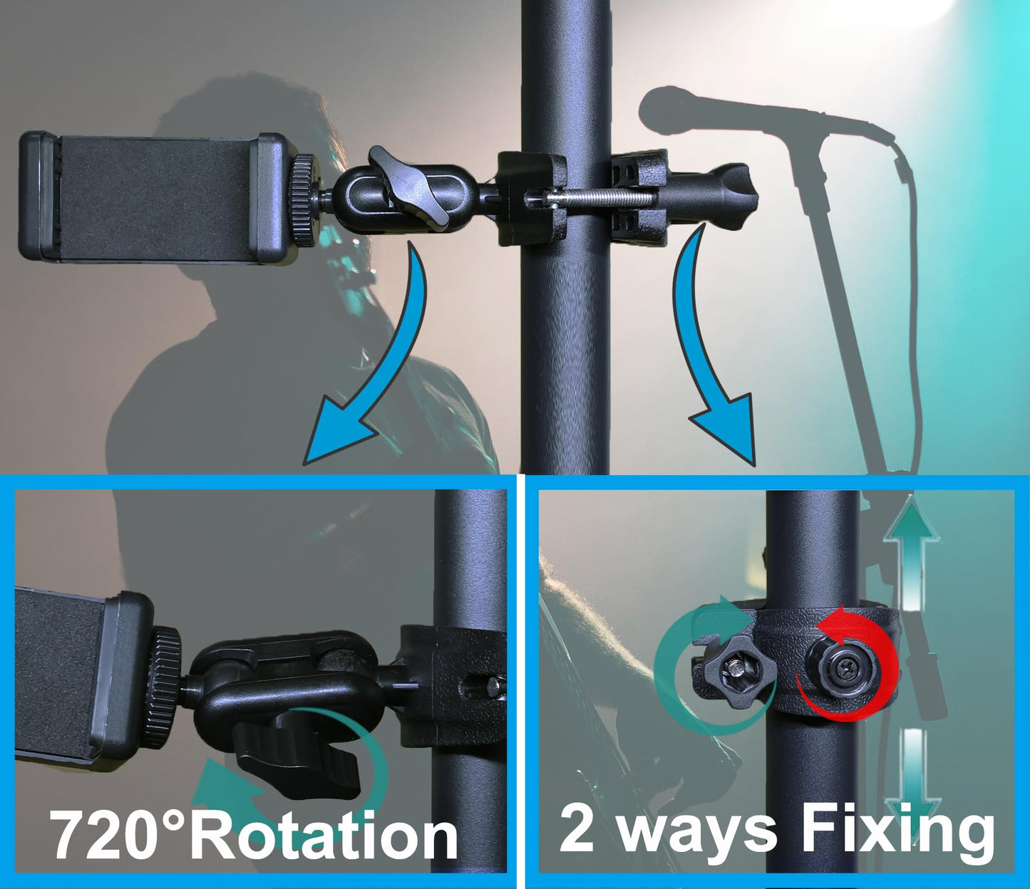 Phone Holder for Mic Stand Clamp for Music Microphone Stand Smartphone Mount Multi Angle 360° Swivel