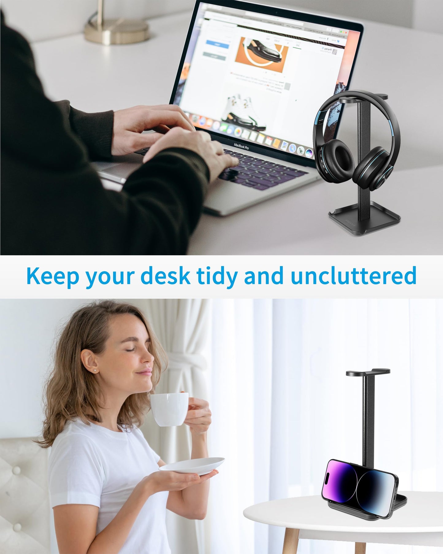 Premium Aluminium Alloy Headset Holder with Storage Tray - Heavy Base, 9.7" Tall, Compatible with AirPod Max & Gaming Headphones (Silver)