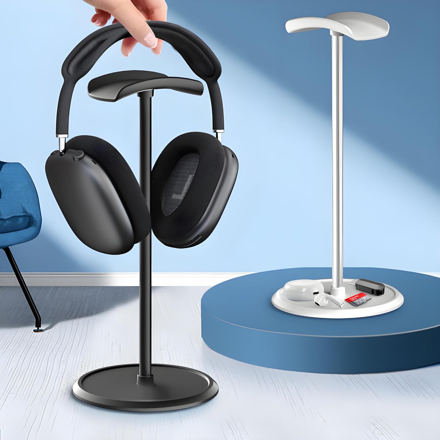 Premium Aluminium Alloy Headset Holder with Storage Tray - Heavy Base, 9.7" Tall, Compatible with AirPod Max & Gaming Headphones (Silver)